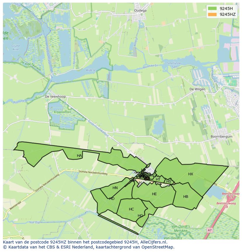 Afbeelding van het postcodegebied 9245 HZ op de kaart.