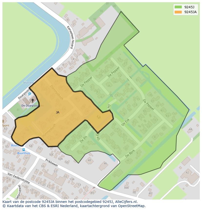 Afbeelding van het postcodegebied 9245 JA op de kaart.