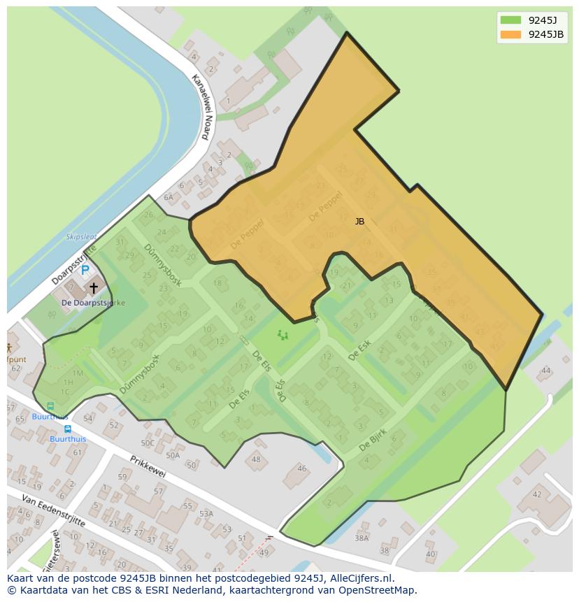 Afbeelding van het postcodegebied 9245 JB op de kaart.