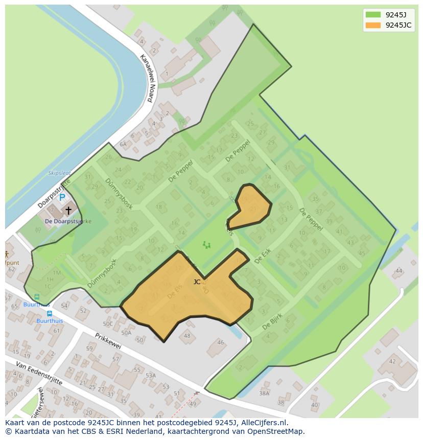 Afbeelding van het postcodegebied 9245 JC op de kaart.