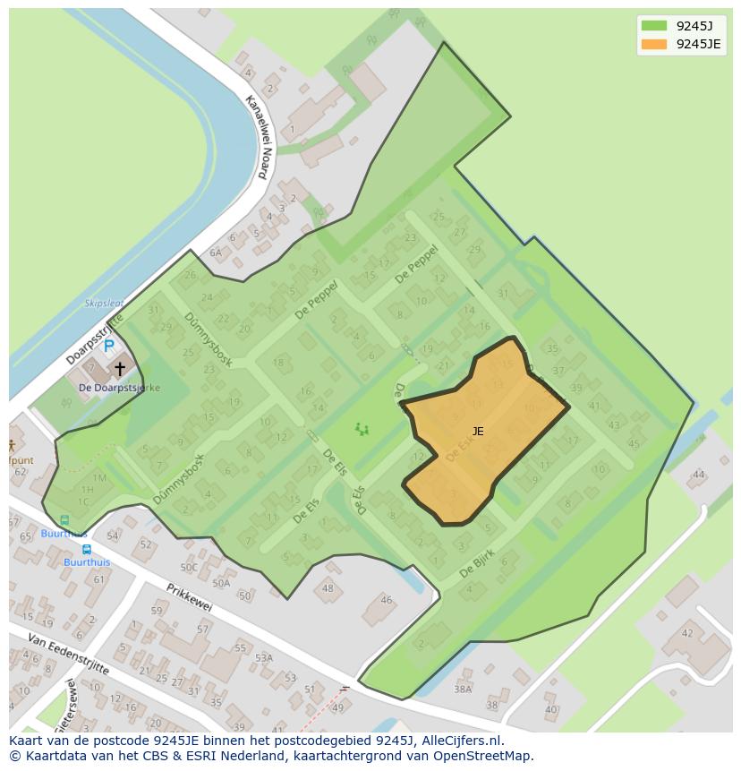 Afbeelding van het postcodegebied 9245 JE op de kaart.