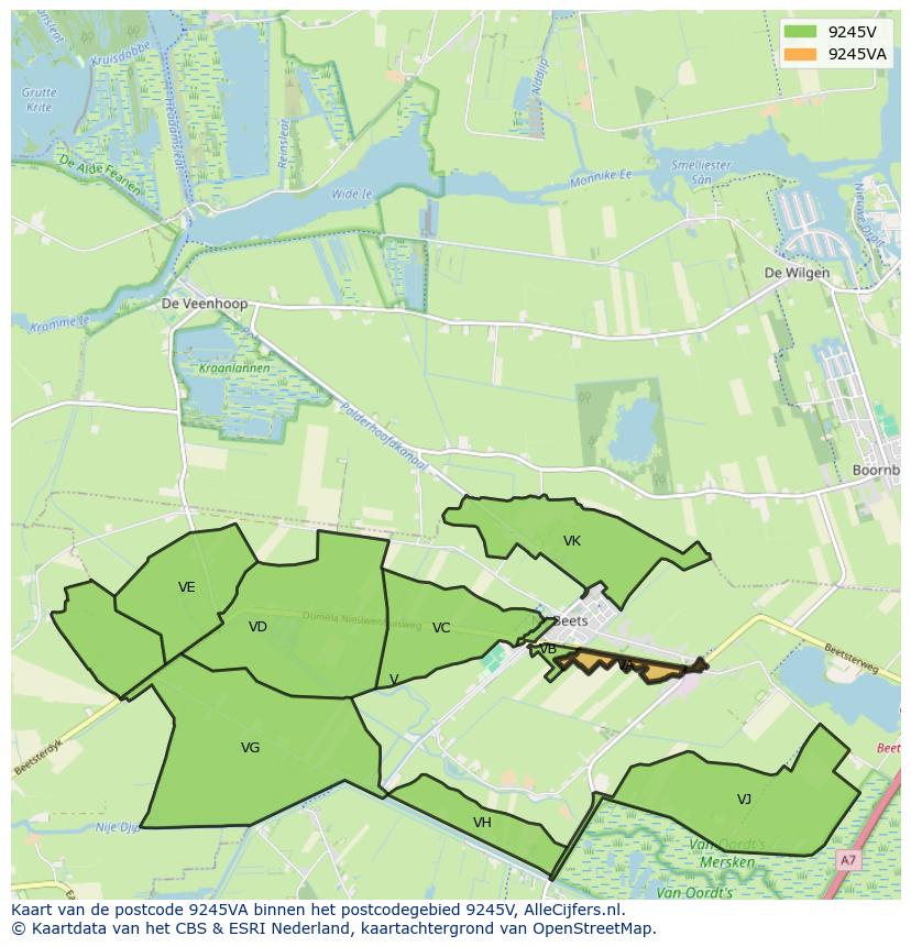 Afbeelding van het postcodegebied 9245 VA op de kaart.