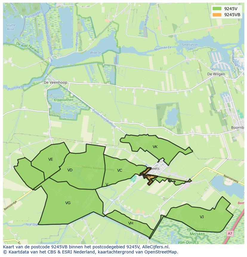 Afbeelding van het postcodegebied 9245 VB op de kaart.