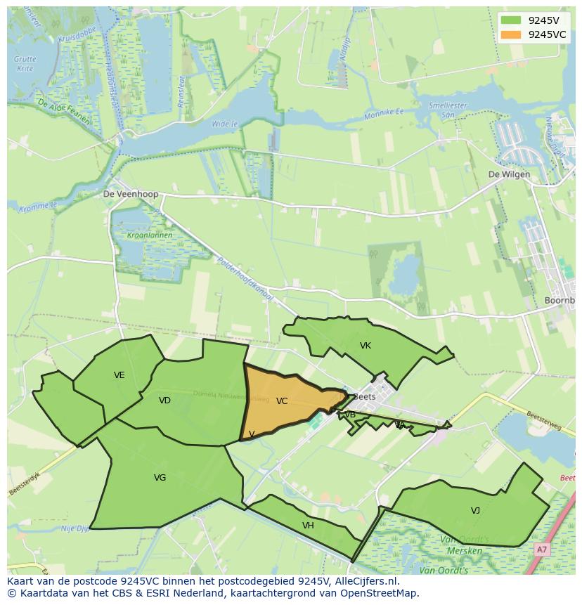 Afbeelding van het postcodegebied 9245 VC op de kaart.