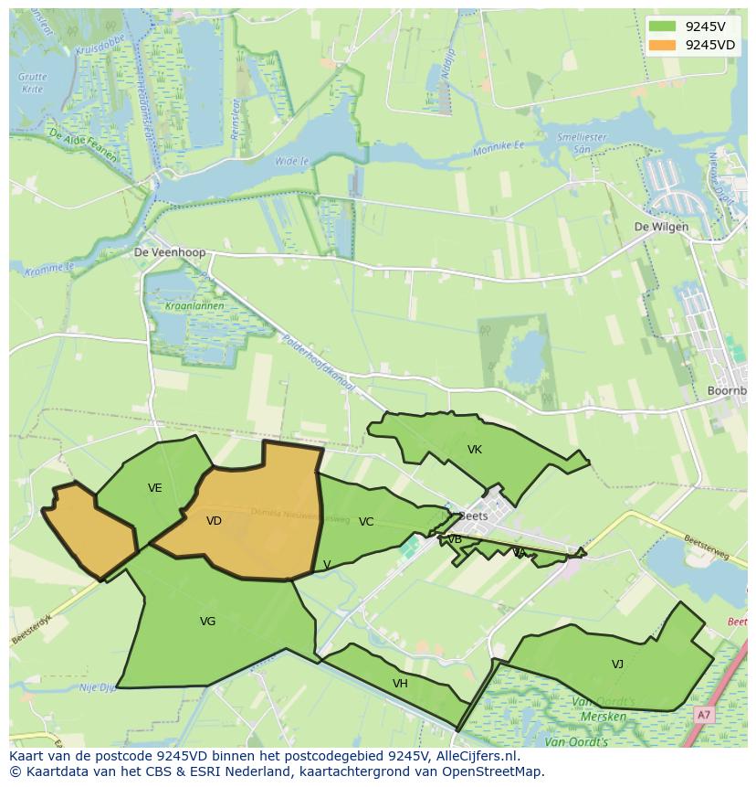 Afbeelding van het postcodegebied 9245 VD op de kaart.