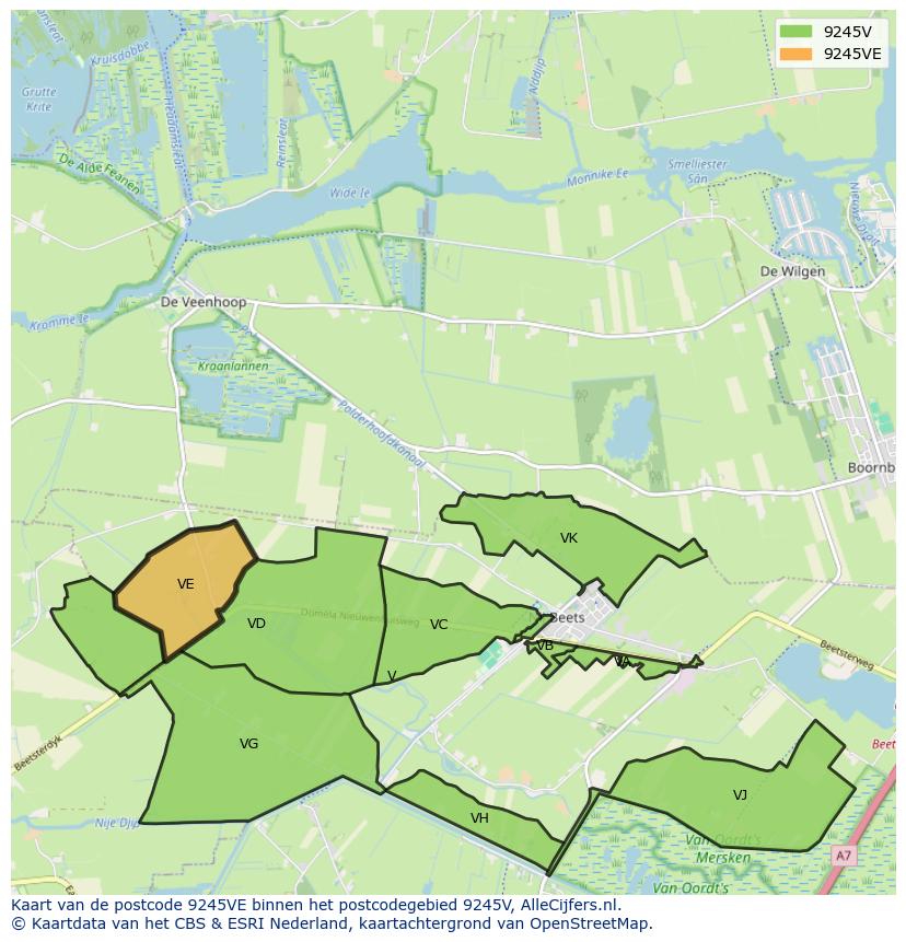 Afbeelding van het postcodegebied 9245 VE op de kaart.