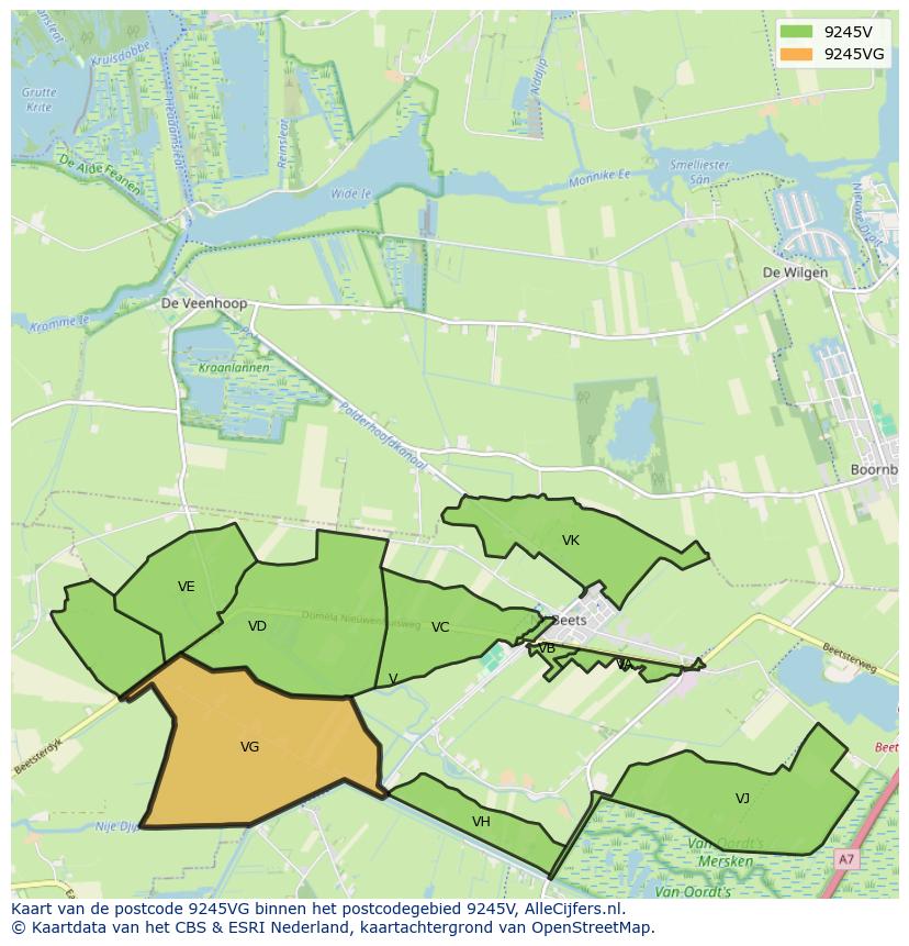 Afbeelding van het postcodegebied 9245 VG op de kaart.