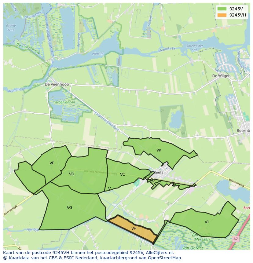 Afbeelding van het postcodegebied 9245 VH op de kaart.