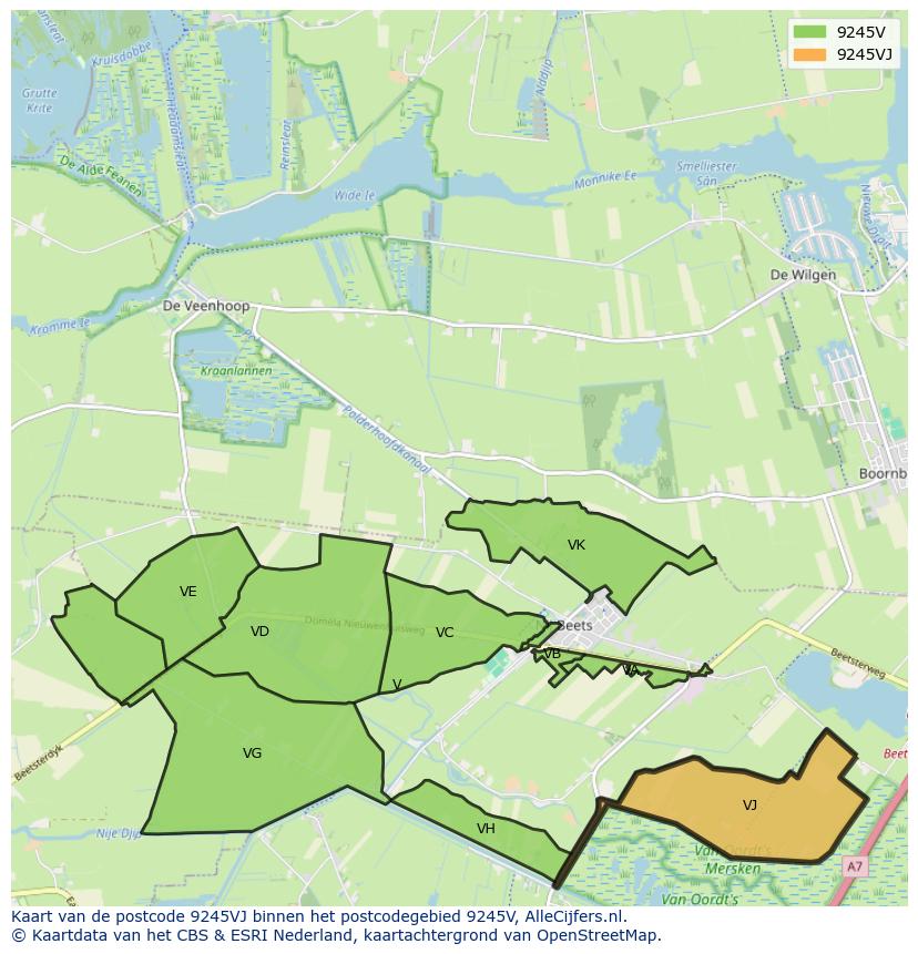 Afbeelding van het postcodegebied 9245 VJ op de kaart.
