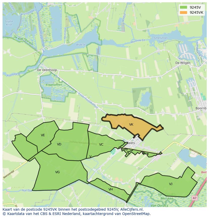 Afbeelding van het postcodegebied 9245 VK op de kaart.