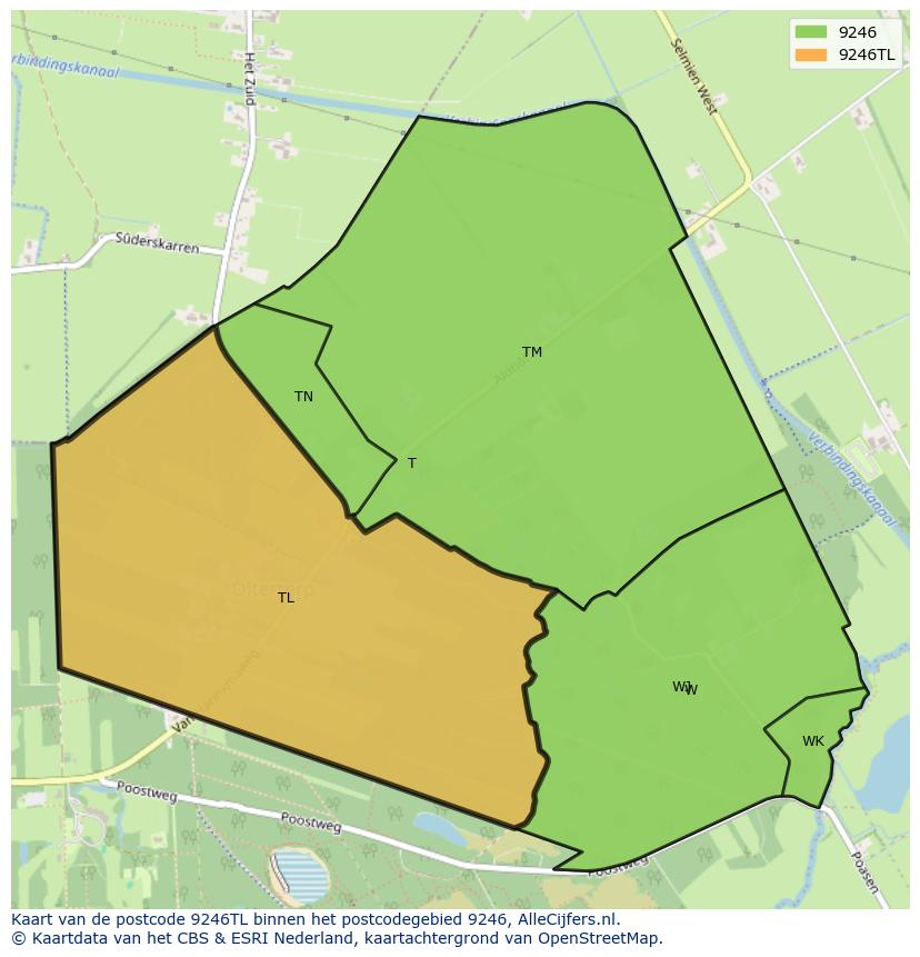 Afbeelding van het postcodegebied 9246 TL op de kaart.