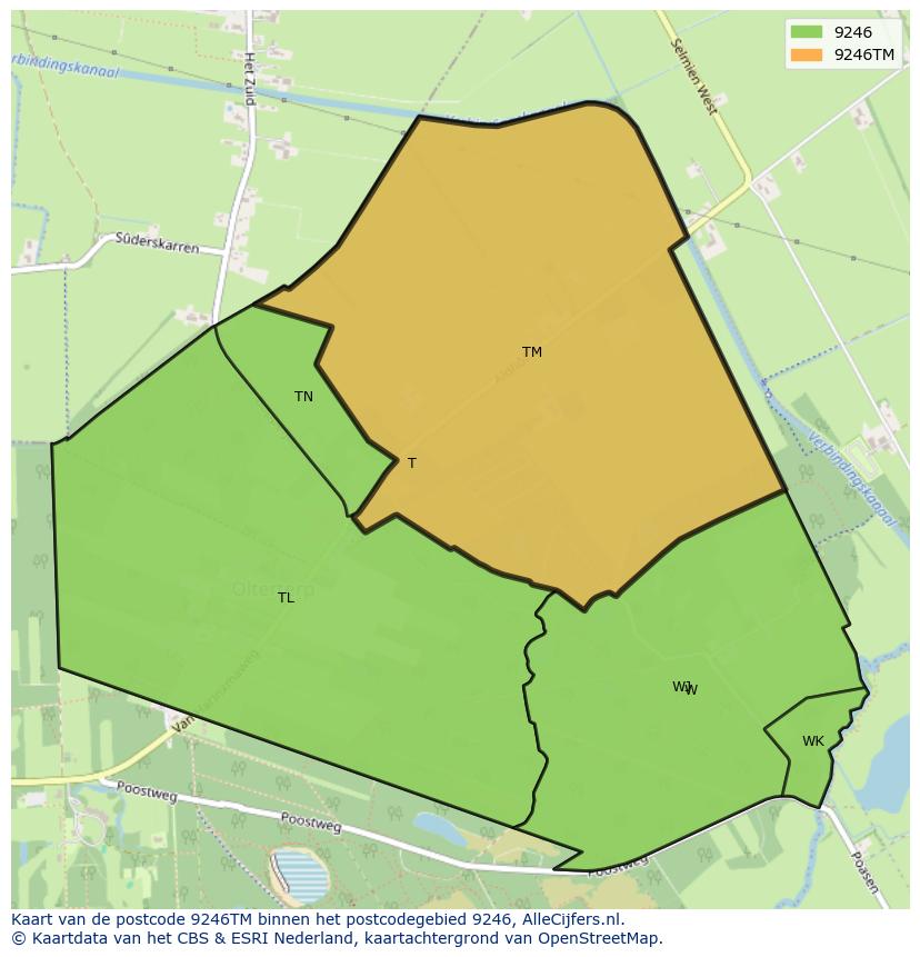 Afbeelding van het postcodegebied 9246 TM op de kaart.