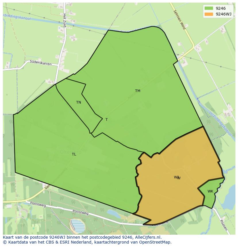 Afbeelding van het postcodegebied 9246 WJ op de kaart.