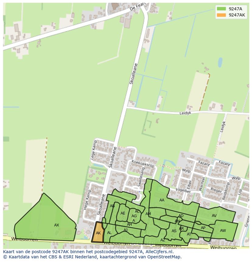 Afbeelding van het postcodegebied 9247 AK op de kaart.