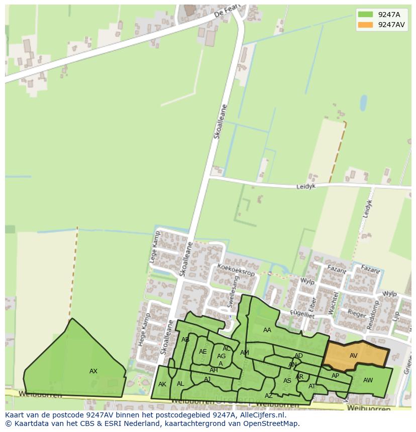 Afbeelding van het postcodegebied 9247 AV op de kaart.