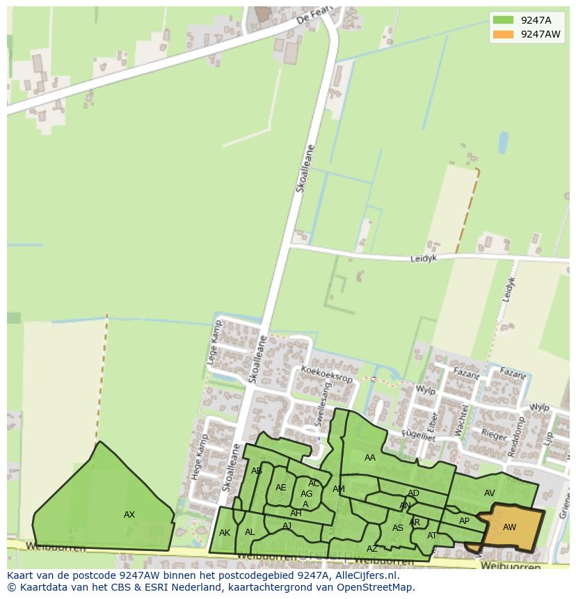 Afbeelding van het postcodegebied 9247 AW op de kaart.