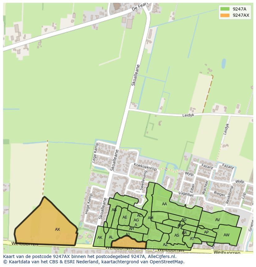 Afbeelding van het postcodegebied 9247 AX op de kaart.