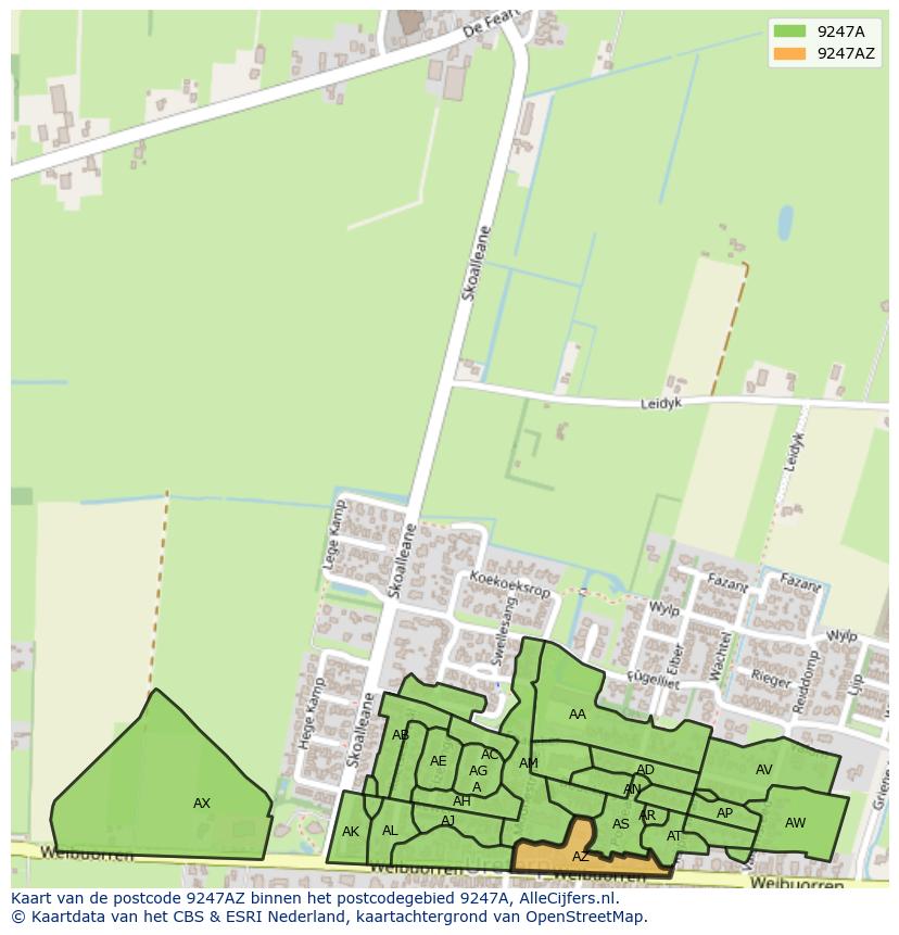 Afbeelding van het postcodegebied 9247 AZ op de kaart.