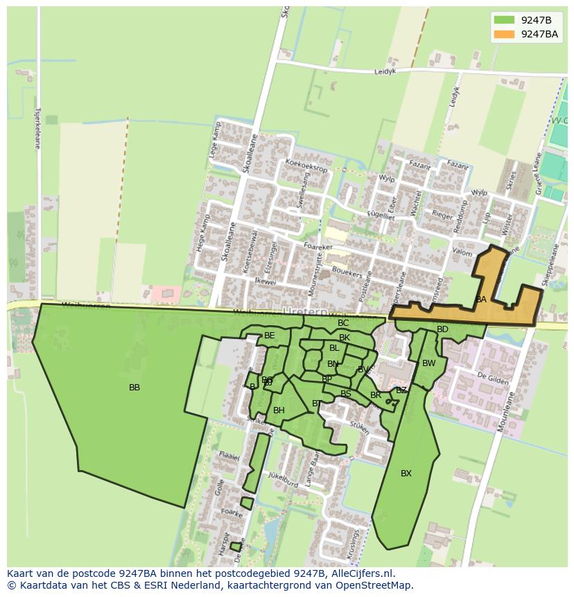 Afbeelding van het postcodegebied 9247 BA op de kaart.