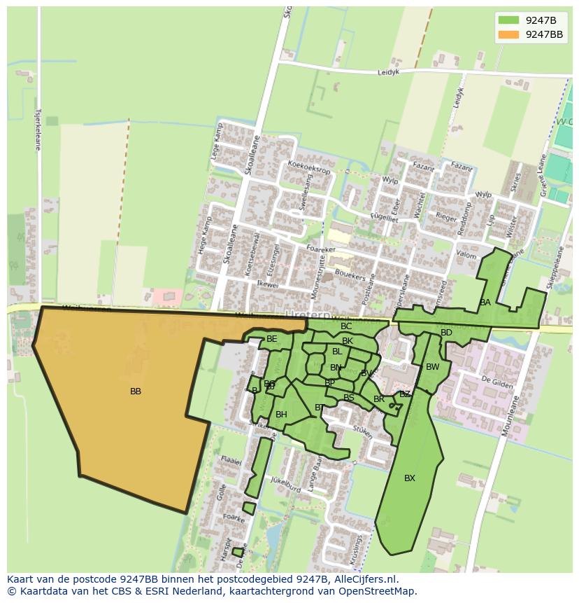 Afbeelding van het postcodegebied 9247 BB op de kaart.