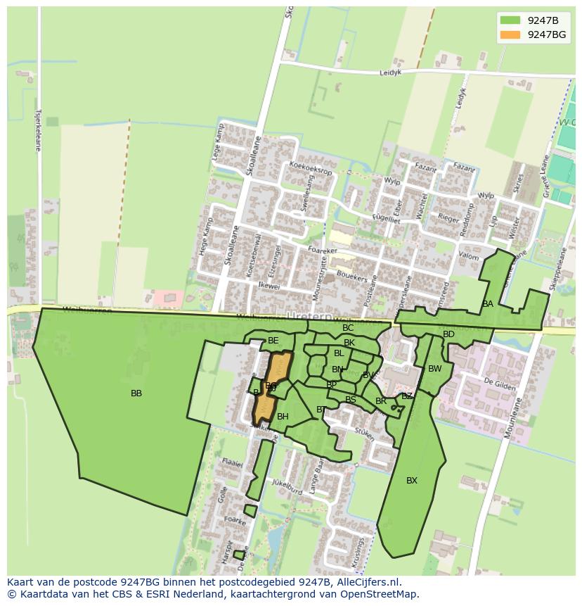 Afbeelding van het postcodegebied 9247 BG op de kaart.