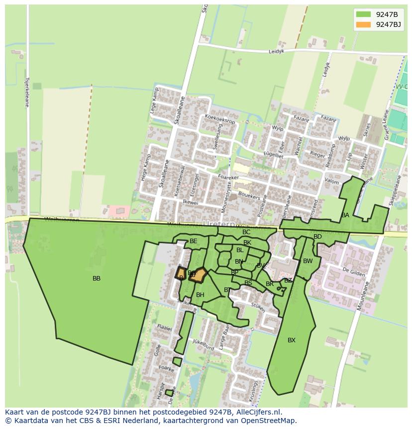 Afbeelding van het postcodegebied 9247 BJ op de kaart.