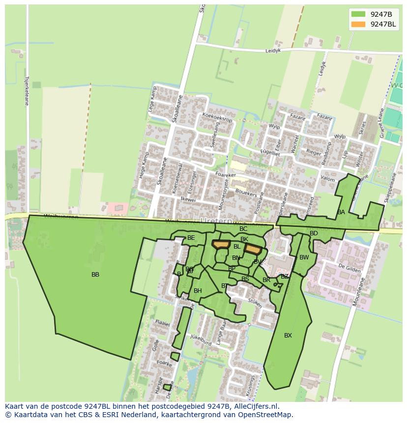 Afbeelding van het postcodegebied 9247 BL op de kaart.