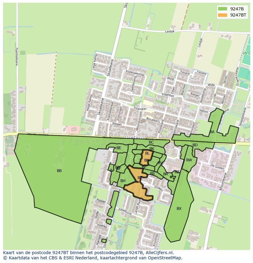 Afbeelding van het postcodegebied 9247 BT op de kaart.