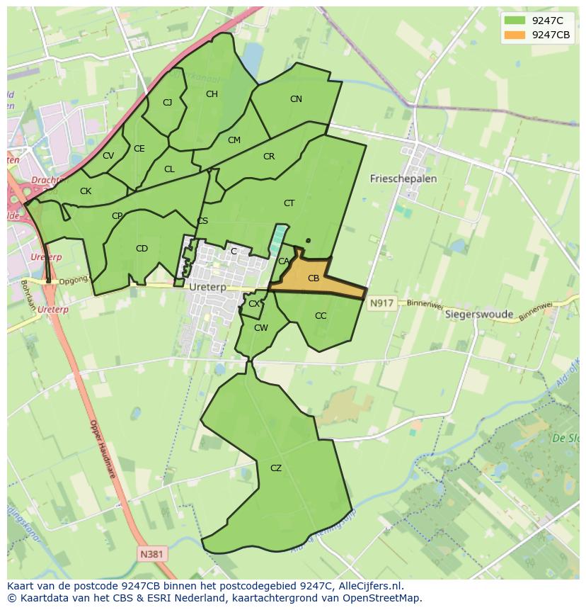 Afbeelding van het postcodegebied 9247 CB op de kaart.