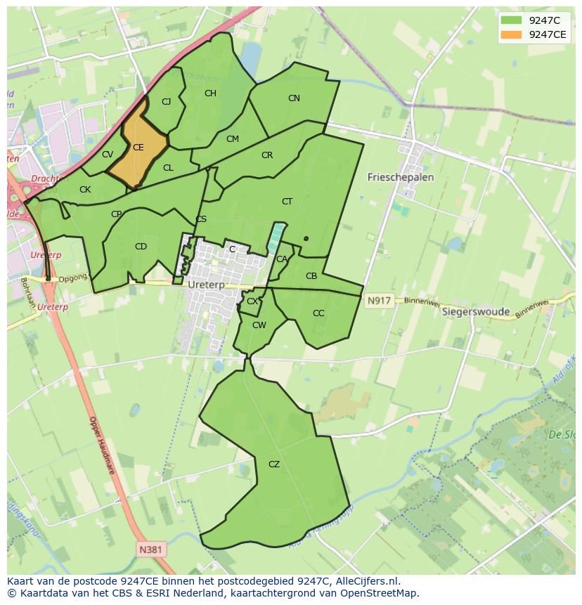Afbeelding van het postcodegebied 9247 CE op de kaart.