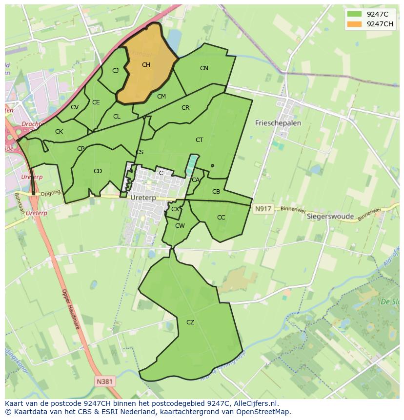 Afbeelding van het postcodegebied 9247 CH op de kaart.