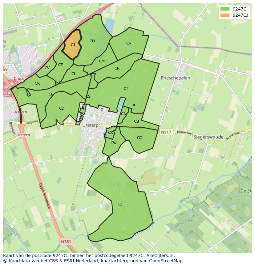Afbeelding van het postcodegebied 9247 CJ op de kaart.