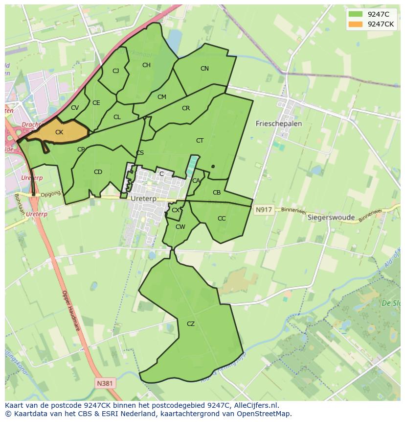 Afbeelding van het postcodegebied 9247 CK op de kaart.