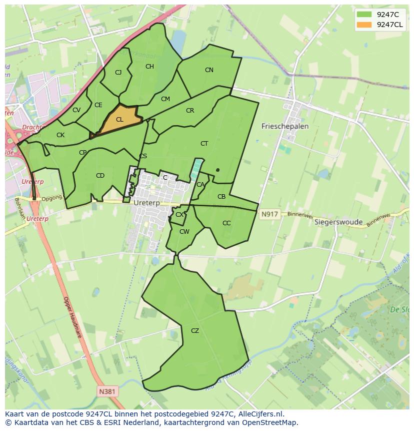 Afbeelding van het postcodegebied 9247 CL op de kaart.