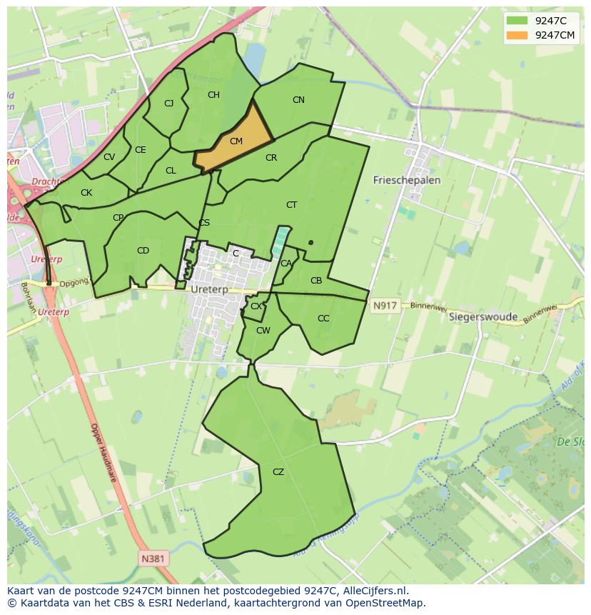 Afbeelding van het postcodegebied 9247 CM op de kaart.