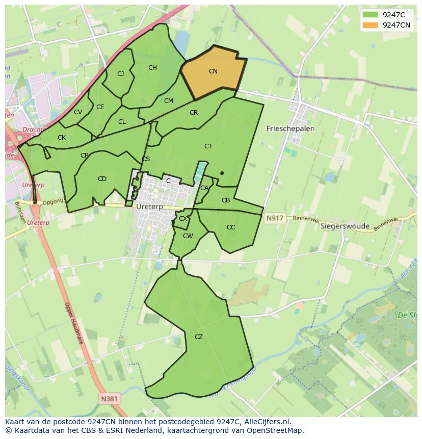Afbeelding van het postcodegebied 9247 CN op de kaart.