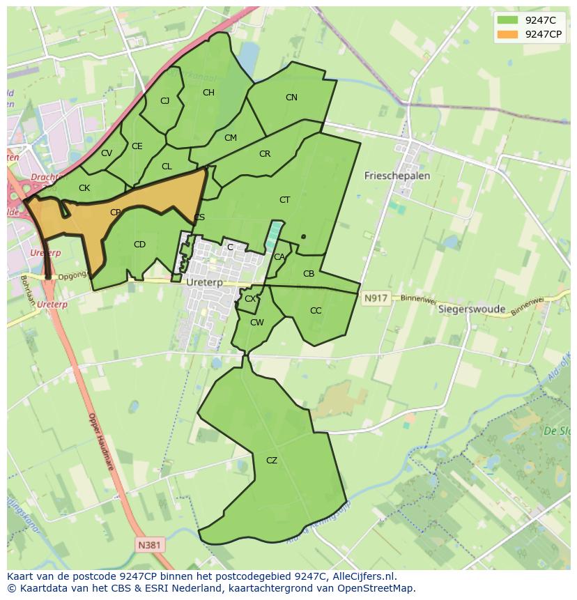 Afbeelding van het postcodegebied 9247 CP op de kaart.