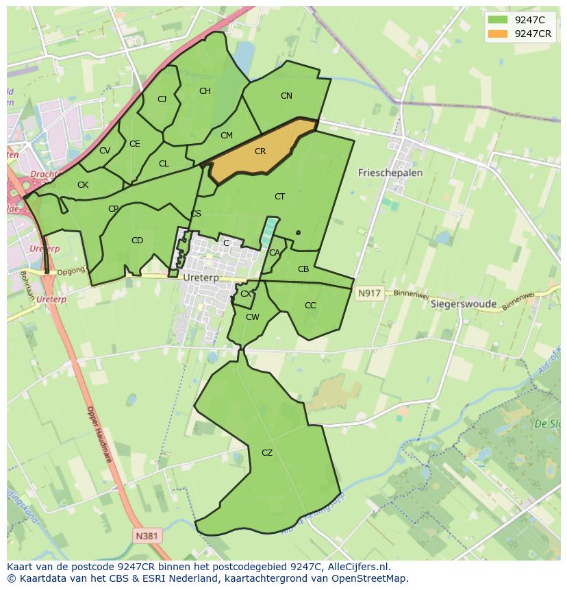Afbeelding van het postcodegebied 9247 CR op de kaart.