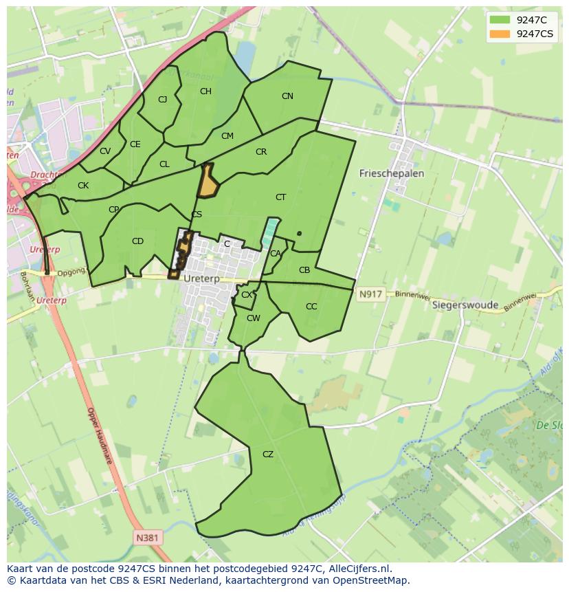 Afbeelding van het postcodegebied 9247 CS op de kaart.