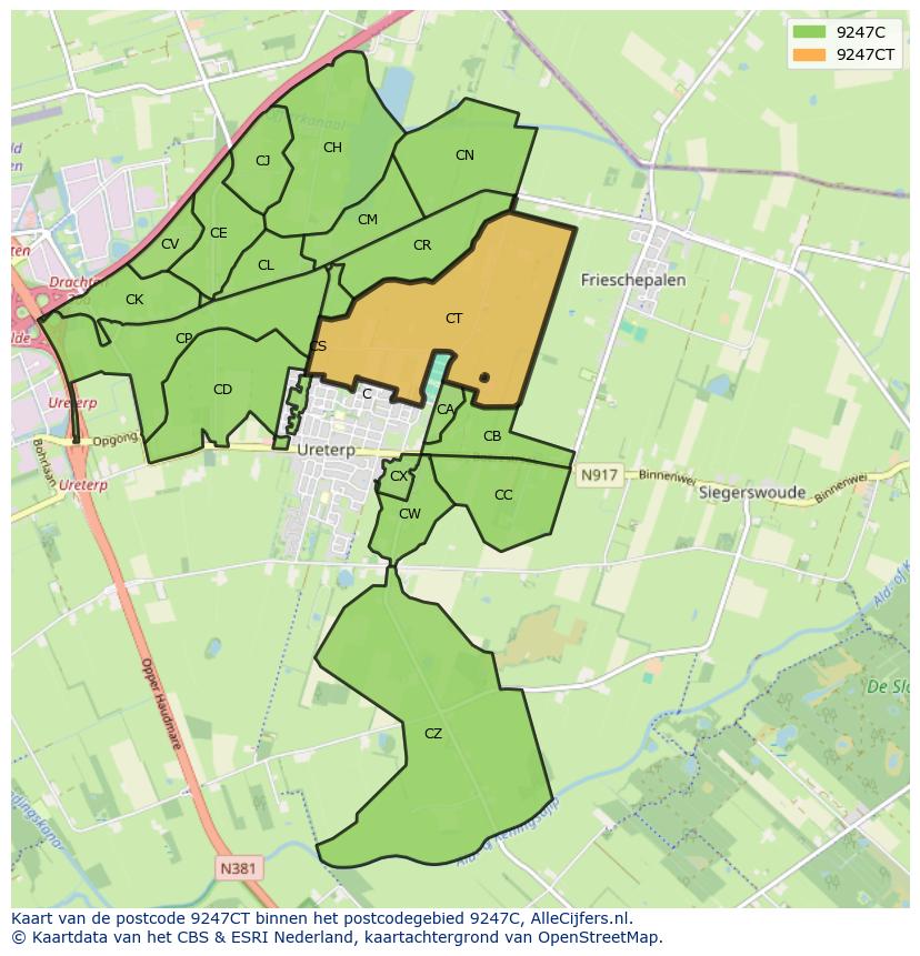 Afbeelding van het postcodegebied 9247 CT op de kaart.