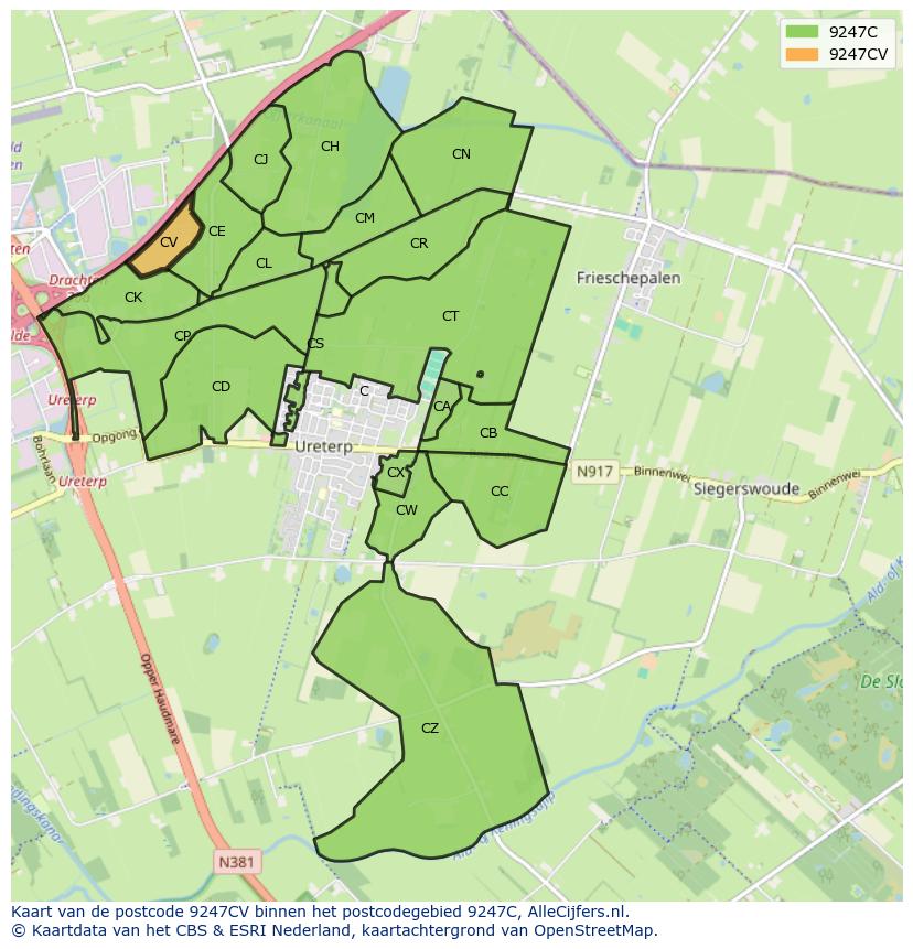 Afbeelding van het postcodegebied 9247 CV op de kaart.