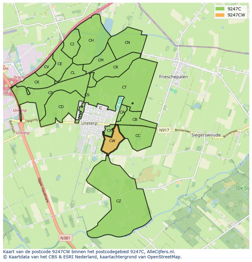 Afbeelding van het postcodegebied 9247 CW op de kaart.