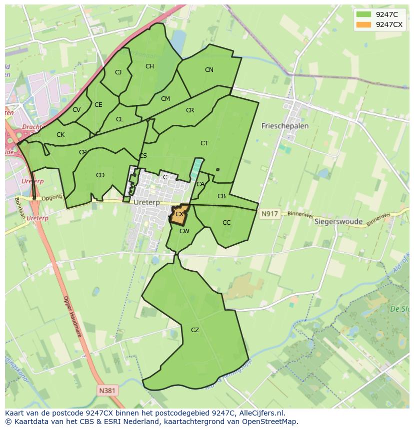 Afbeelding van het postcodegebied 9247 CX op de kaart.