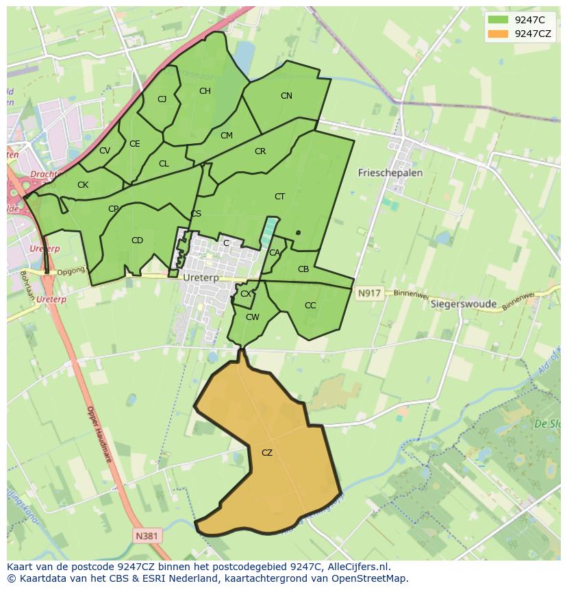 Afbeelding van het postcodegebied 9247 CZ op de kaart.