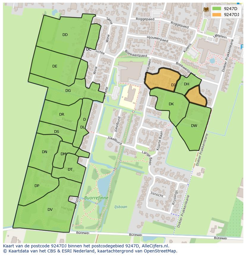 Afbeelding van het postcodegebied 9247 DJ op de kaart.
