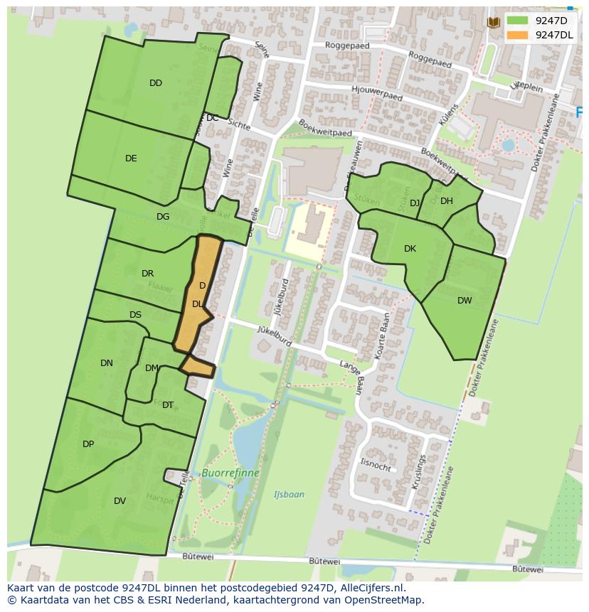 Afbeelding van het postcodegebied 9247 DL op de kaart.