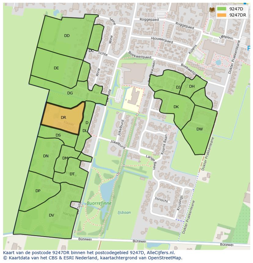 Afbeelding van het postcodegebied 9247 DR op de kaart.