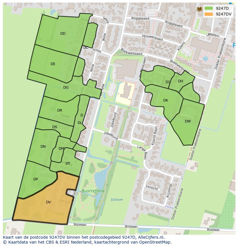 Afbeelding van het postcodegebied 9247 DV op de kaart.