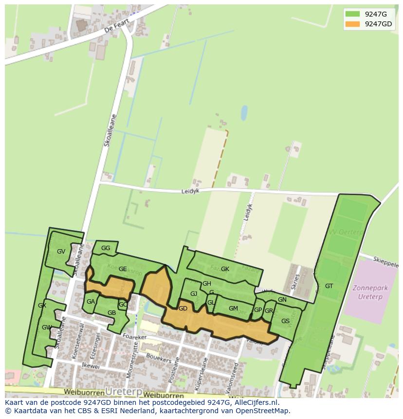 Afbeelding van het postcodegebied 9247 GD op de kaart.