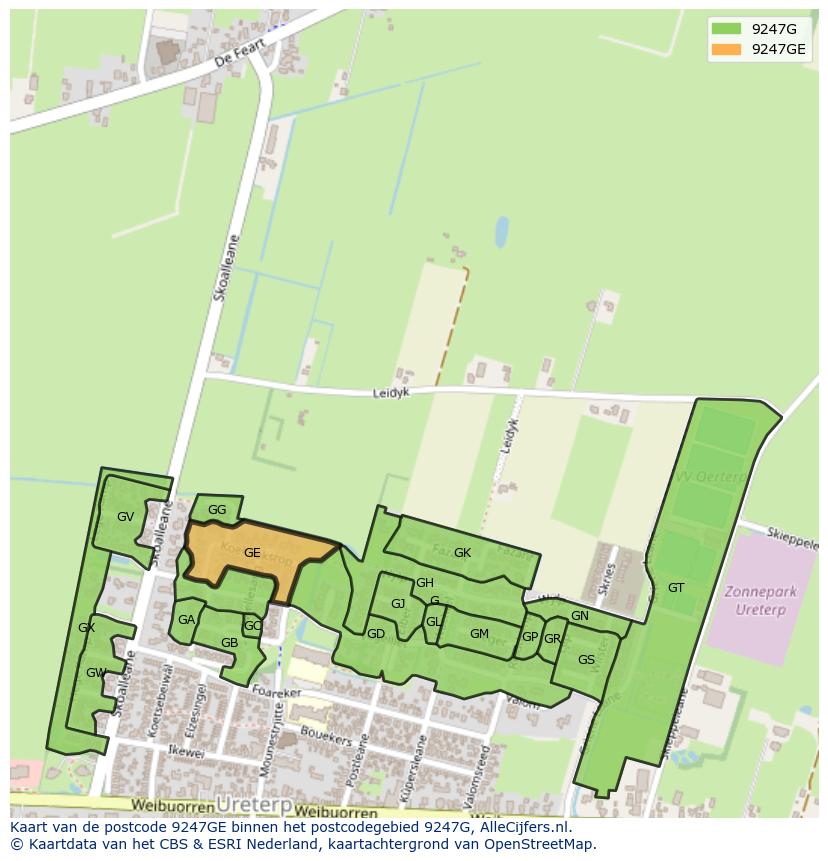 Afbeelding van het postcodegebied 9247 GE op de kaart.